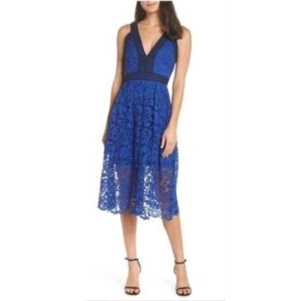Adelyn Rae Dress Womens Small Royal/Black Lace Overlay Sleeves VNeck